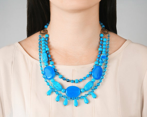 Vintage turquoise necklace beaded necklace Vintage 1990s jewelry Boho necklace Chunky necklace Statement necklace Big necklace Blue necklace