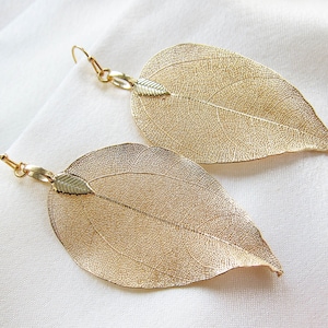 Gold leaf earrings Real gold leaf earrings Long leaf earring Gold dipped leaf earrings 18k gold leaves earrings Leaf dangle earrings