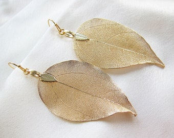 Gold leaf earrings Real gold leaf earrings Long leaf earring Gold dipped leaf earrings 18k gold leaves earrings Leaf dangle earrings