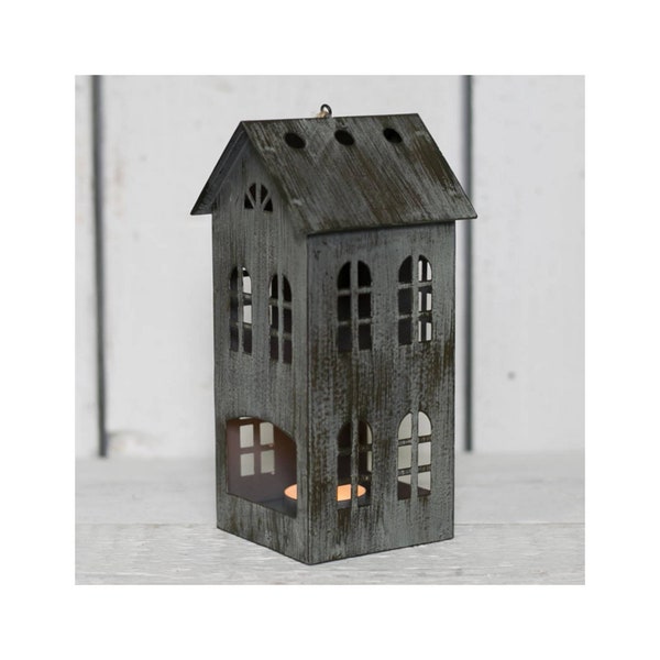 Distressed Metal House Lantern - 20.5cm - T Light - Candle Holder - Home Decor - Pretty Interiors - Tea Light - Grey