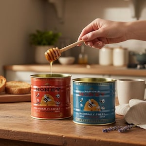 May include: Two decorative honey tins, one red and one blue, with gold rims and labels that read "Honey" and "Naturally Sweet." A wooden honey dipper drips honey into the red tin. The tins are on a wooden surface.