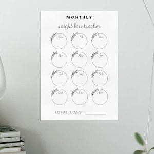 Monthly Printable Weight Loss Tracker | 1 Year | Pretty Goal Chart | Diet | Dieting | Weight Watchers | Slimming World