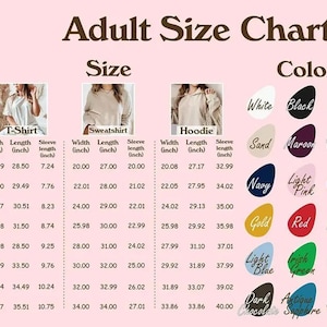 Op de afbeelding: Een volwassen maattabel voor t-shirts, sweatshirts en hoodies. De tabel toont de afmetingen in inches voor breedte, lengte en mouwlengte, samen met een kleurenpalet met wit, zwart, marineblauw en meer.