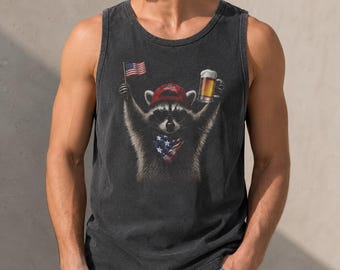 4th of July Raccoon Drinking Beer Comfort Colors Tank Top, Funny American Meme Tank, Patriotic American Flag Tank, Womens USA Animal Tank