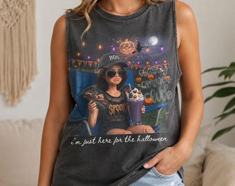 Halloween Doll Face Comfort Colors Tank Top, Just Here For the Bad Boys Tshirt, Spooky Halloween Tank, Halloween Humor Tank
