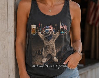 Comfort Colors® Red White and Feral Tank Top, Patriotic Funny Raccoon Tank, 4th of July Shirt, Hotdog Tank, Funny USA Tank, Merica Tank