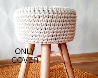 Tabouret rond avec revêtement en bois au crochet en différentes couleurs - Lavable - Fait main