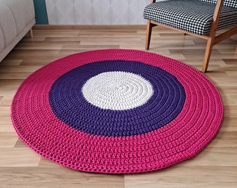 Tapis rond rose et violet pour chambre d'enfant ou salon, tapis fait main en coton naturel, nombreuses couleurs et tailles, tapis de sol rond, tapis Montessori,