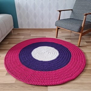 Pink and violet cotton soft crochet round rug washable