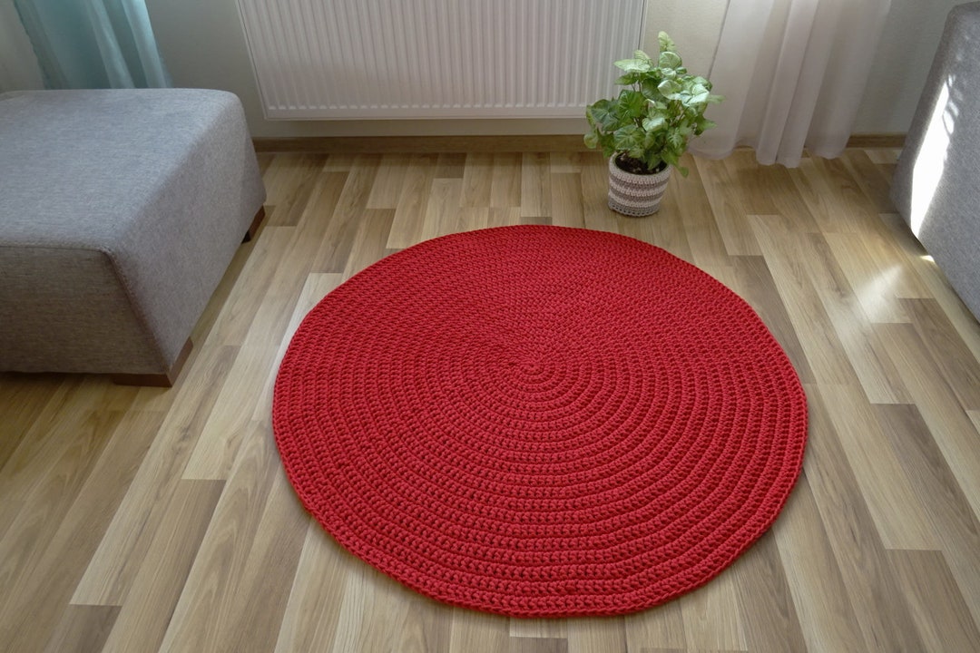 Braided Round Rug, Red Small Round Rug, Crochet Rug, Round Carpet