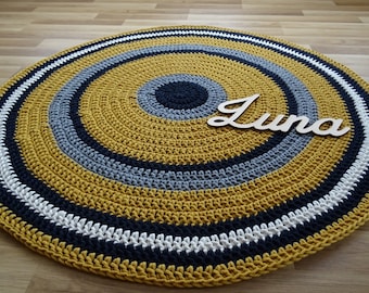 Mustard round rug, ochre rug, yellow round rug, braided rug, nursery rug, crochet round rug, crochet carpet, large carpet, small round rug