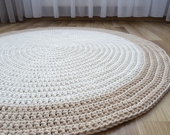 Round cotton rug, Beige round rug, crochet round rug, custom size rug, round table rug, modern farmhouse rug, hand woven floor mat, carpet