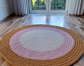 Handmade Round Rug for Living Room or Nursery, Washable cotton Unique round area rug, Beige/Pink/Mustard Large round rug, nursery decor girl