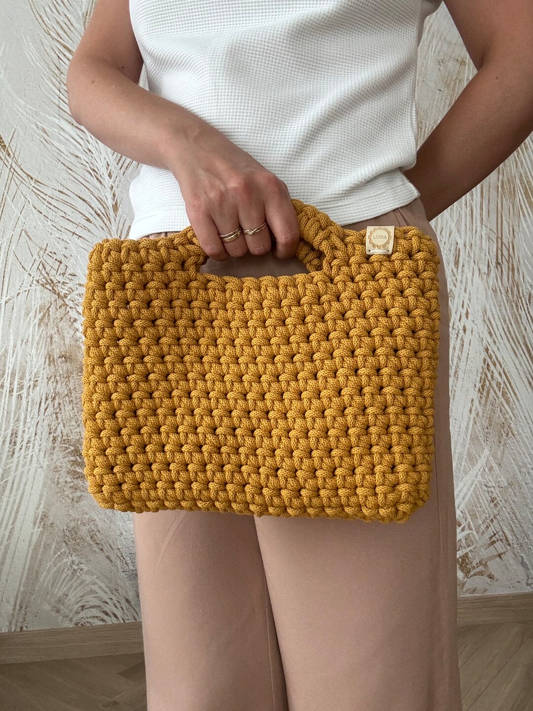 Bolso de crochet color mostaza: bolso de algodón tejido a mano