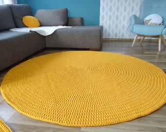 Yellow Round rug, crochet round rug, large yellow round rug, modern nursery rug, rugs for living room, mid century rug