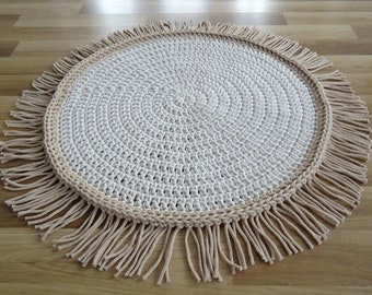 Boho Chic Beige Round Rug with Fringe - Nursery Decor, Toddler Room Rug