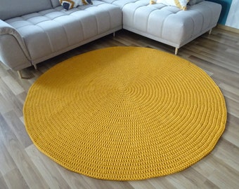 Alfombra redonda amarilla mostaza hecha a pedido, alfombra hecha a mano, alfombra de ganchillo para sala de estar, alfombra moderna, alfombra suave, alfombra lavable para dormitorio