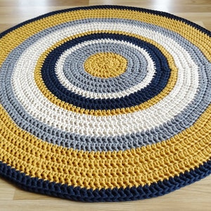 Gender neutral nursery rug, yellow round rug, crochet round rug, crochet carpet for nursery, toddler room decor, large area rug, small rug image 1