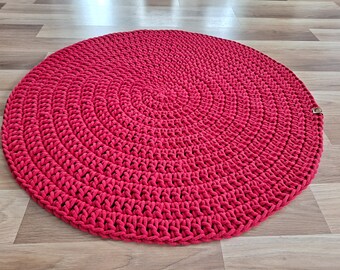 Red Round Rug , cotton washable rug for bathroom/ living room/ kids room/ bedroom, soft and cozy chunky rug, handmade rag rug, red rug