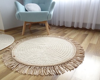 Ivory round rug with fringe, round nursery rug, boho rugs for living room, small boho rug, giant boho rug, area rug kids, girl nursery rug