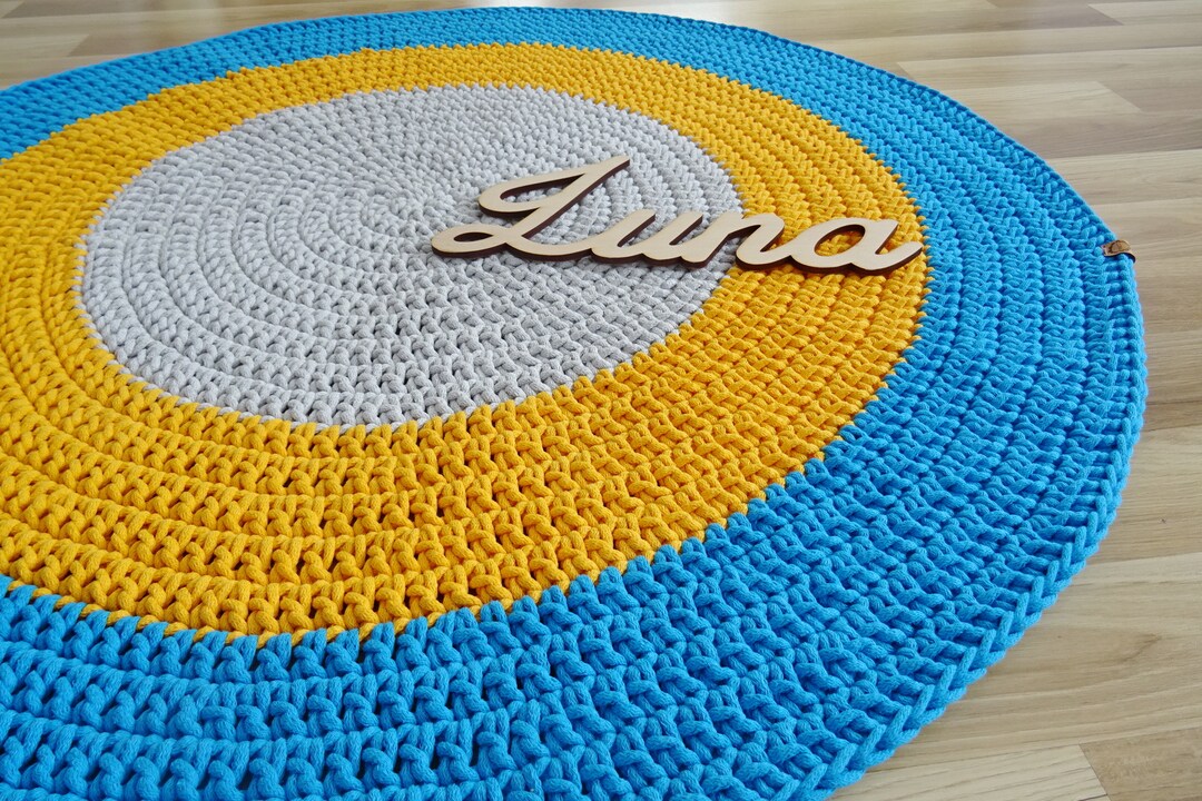 Blue round rug yellow round rug gray round rug crochet Etsy Polska