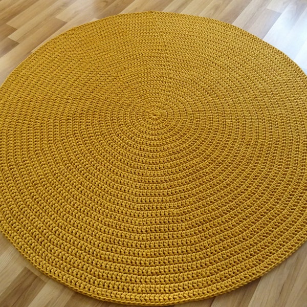 Tapis rond jaune moutarde fait main - Déco bohème en coton lavable pour chambre à coucher et chambre d'enfant