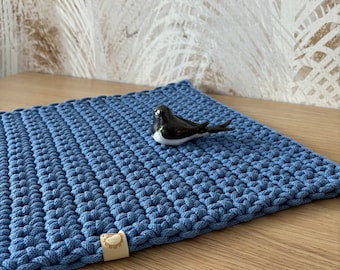 Handmade Blue Crochet Table Runner: Modern Cotton Cord Decor