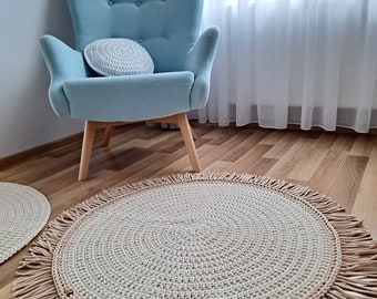 Round Rug 4ft beige nursery rug with border made to order handmade round rug soft nursery rug toddler room decor girl boy boho nursery rug