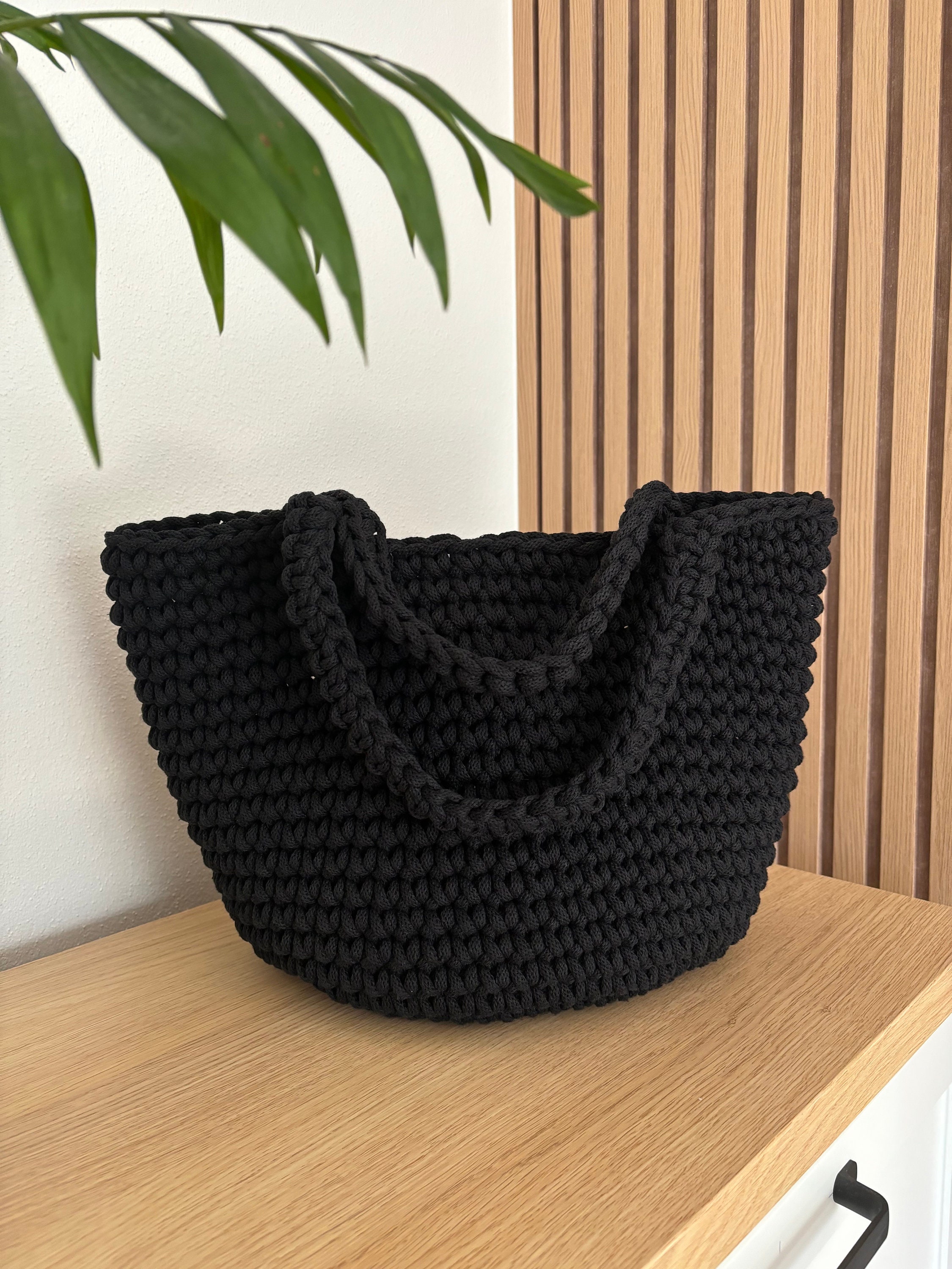 Black Crochet Tote Bag: Handmade Cotton Cord Shoulder Bag
