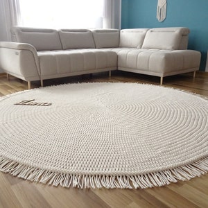 Tapis rond avec pompon, BOHO NURSERY RUG, grand tapis rond, boho rond ivoire, tapis en coton, tapis rond géant, soin au crochet, boho beige