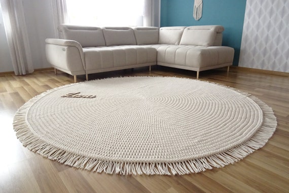 Round Rug With Tassel, BOHO NURSERY RUG, Large Round Rug, Ivory Round Rug  Boho, Cotton Rug, Giant Round Rug, Crochet Carept, Beige Rug Boho 