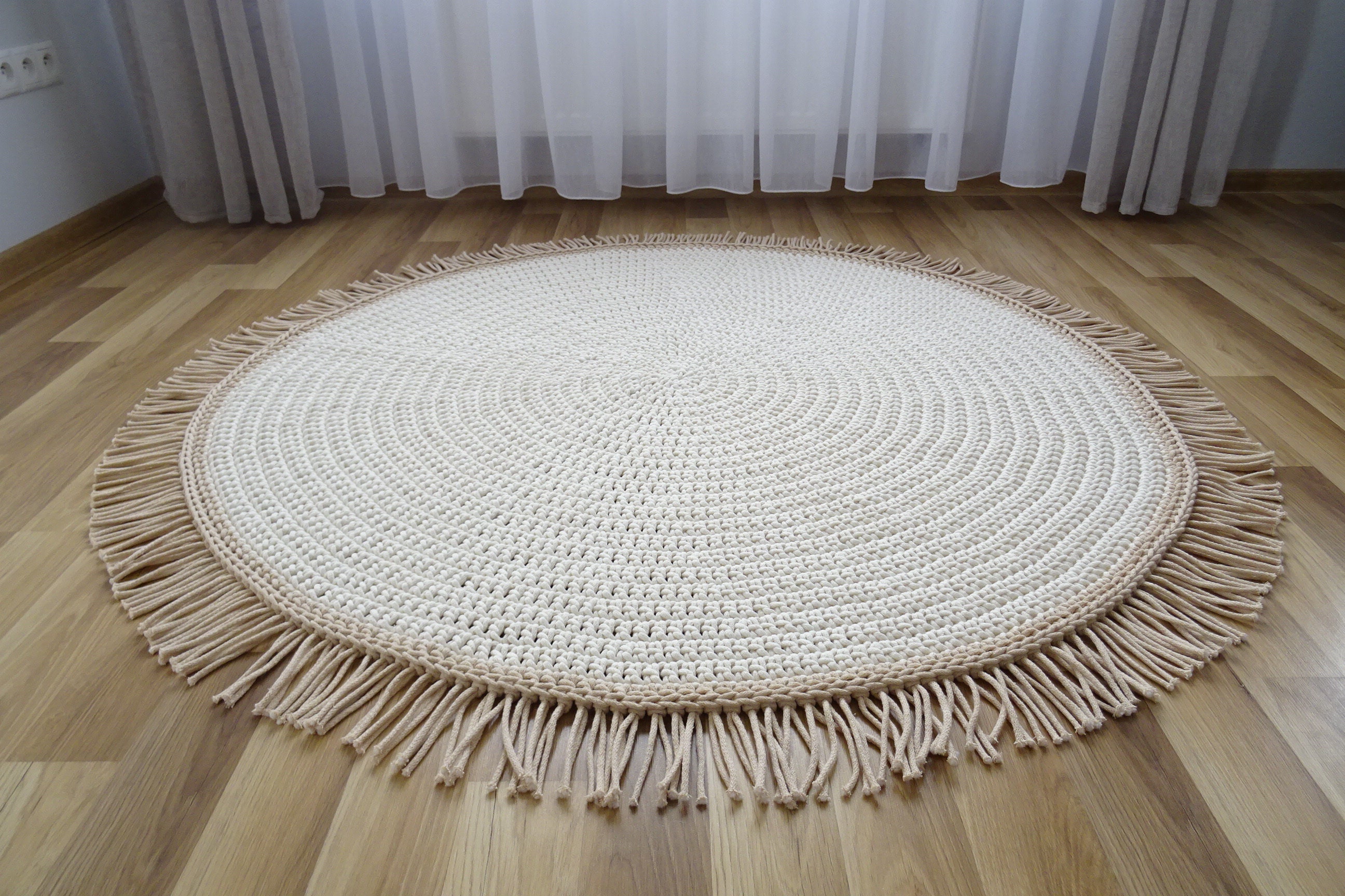 Macrame rug round with fringe beige round rug macrame Etsy