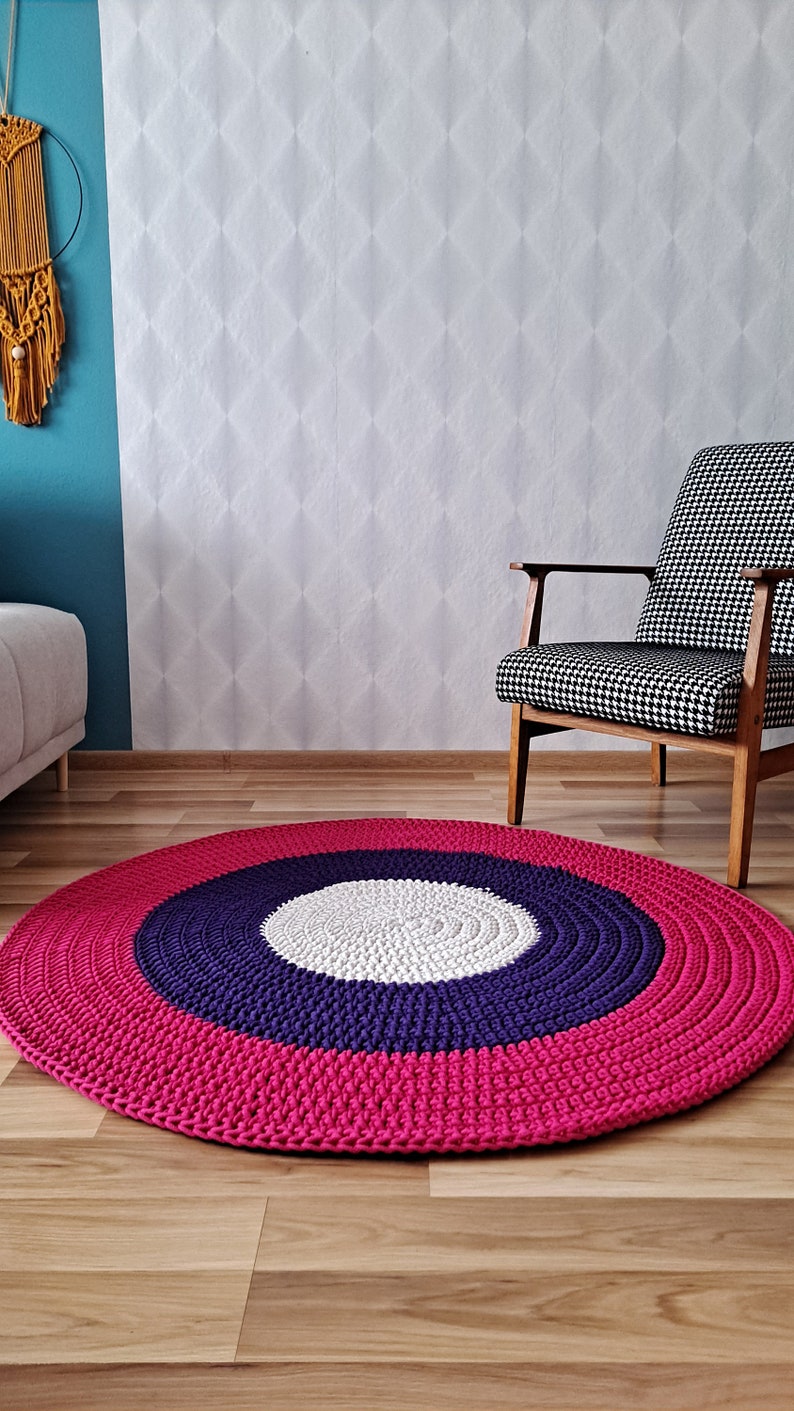 Alfombra redonda rosa y violeta para habitación de niños o sala de estar, alfombra de algodón natural hecha a mano, muchos colores y tamaños, alfombra redonda de piso Montessori, imagen 4