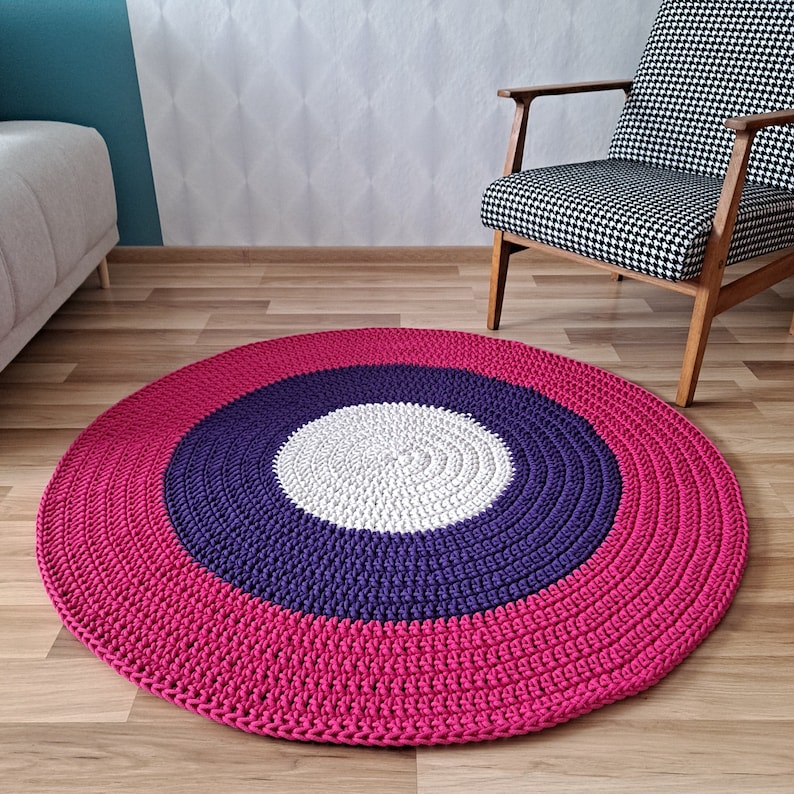 Pink and violet cotton soft crochet round rug washable