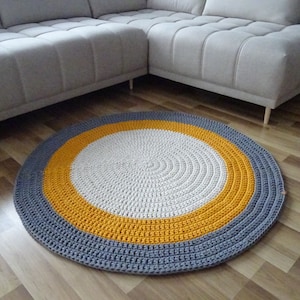 Large Round yellow Gray and Cream Cotton Rug – Soft & Neutral Handmade Floor Decor