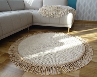 Alfombra Boho redonda en beige - Alfombra de guardería con flecos, decoración de la habitación para niños pequeños