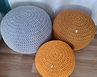 Round Pouff in Many Colors and 3 Sizes, Yellow handmade pouf, crochet ottoman round, footstool, cotton string roud pouf ottoman, room decor