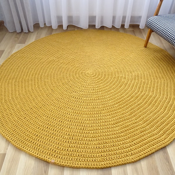 Tapis rond jaune moutarde, tapis bohème, tapis moderne, tapis lavable, tapis au crochet, tapis design, tapis rond, tapis de chambre d'enfant, tapis pour enfants, tapis fait main