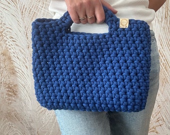 Blue Crochet Bag: Handmade Cotton Cord Handbag