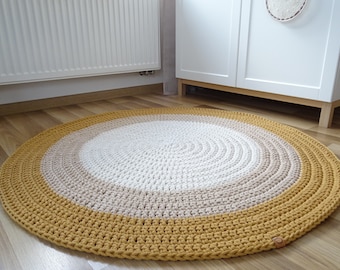 Crochet cream rug, cream round rug, nursery rug, modern rug, round carpet, small round rug, cotton rug, scandinavian rug, mid century rug