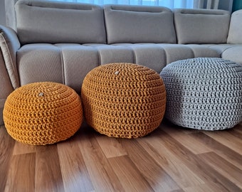 Handmade Yellow Crochet Pouf - Round Ottoman in Various Sizes, Footstool, Cotton String Room Decor