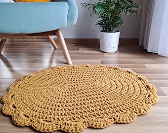 Senfgelber ovaler handgemachter Teppich für Mädchenzimmer, waschbarer Kinderteppich, süßer und weicher Teppich mit Rand, Baby-Mädchen-Kinderzimmer-Ideen, gehäkelter Teppich