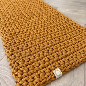 Alfombra de baño naranja, alfombra rectangular amarillo mostaza, alfombra de crochet, alfombra sencilla, alfombra de algodón hecha a mano, alfombra lavable a máquina, alfombra pequeña moderna