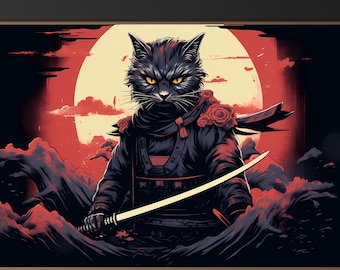 Samurai Cat Poster, Japanese Warrior Cat Wall Art, Anime Style Decor, Cute Samurai Illustration Print, Unique Gift