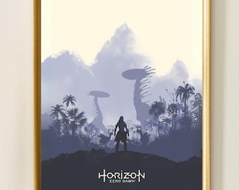 Póster inspirado en Horizon, arte minimalista de paisaje para videojuegos, silueta del mundo de Aloy, lámina cinematográfica para videojuegos, arte mural imprimible