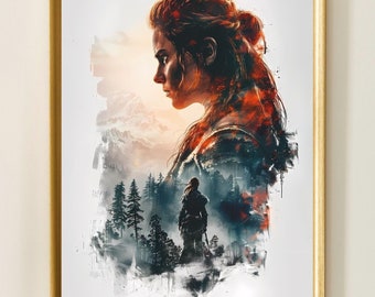 Aloy Inspired Poster, Horizon Zero Dawn Wall Art, Cinematic Gaming Print, Female Warrior Art, Printable Poster