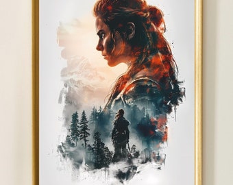 Aloy Horizon Zero Dawn poster, sci-fi portret kunst aan de muur, futuristisch gamingdecor, minimalistische karakterprint, cadeau voor gamers