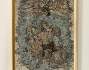 Póster del mapa de Elden Ring, arte mural del mundo de fantasía, arte de juego al estilo Dark Souls, decoración para juegos de rol, arte mural imprimible