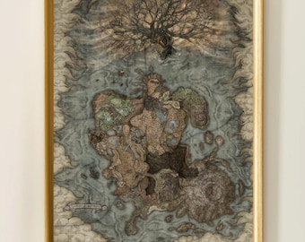 Elden Ring DLC-kaartposter, fantasiewereldkaart kunst aan de muur, gedetailleerde gamekaartprint, donkere RPG-decor, cadeau voor gamers