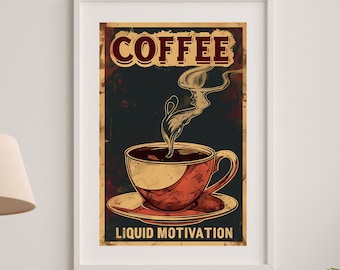 Coffee Poster, Vintage Cafe Wall Art, Retro Kitchen Decor, Steaming Cup Illustration Print, Coffee Lover Gift